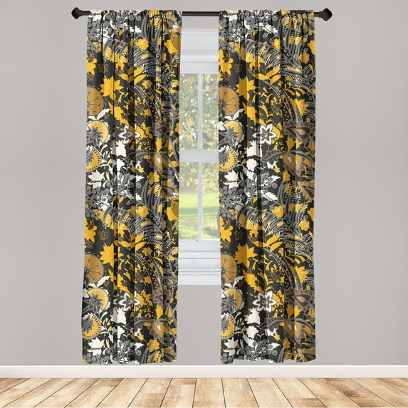 Tropical Window Curtains, Jumble Design Jungle Scene with Exotic Leaves and Floral Boho Pattern, Lightweight Decor 2-Panel Set with Rod Pocket, Pair of - 28"x95", Marigold White Umber, by Ambesonne