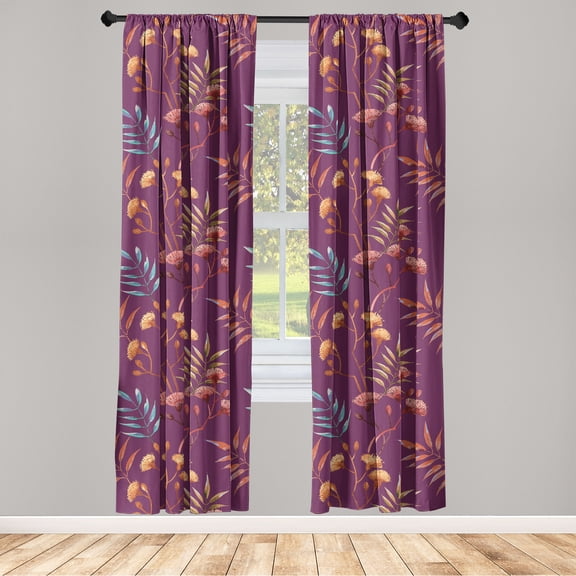 Tropical Window Curtains, Modern Bohemian Atmosphere Exotic Pattern of Wild Leaves Botany Print, Lightweight Decor 2-Panel Set with Rod Pocket, Pair of - 28"x63", Dark Magenta Vermilion, by Ambesonne