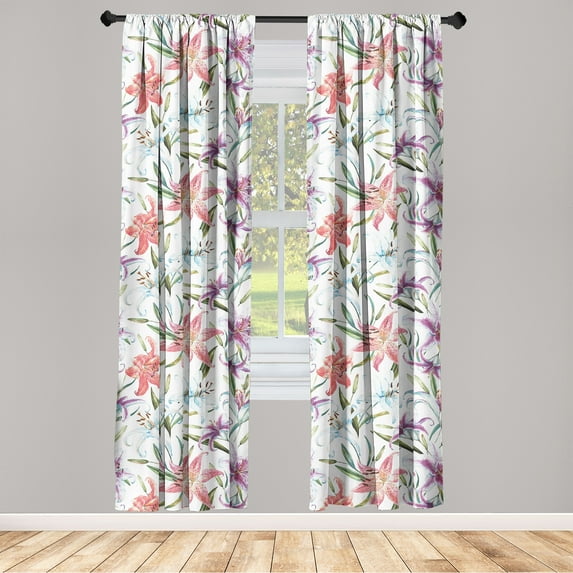 Tropical Window Curtains, Multicolored Lilies with Leaves Watercolor Exotic Art on Plain Back, Lightweight Decor 2-Panel Set with Rod Pocket, Pair of - 28"x95", Dark Salmon Olive Green, by Ambesonne