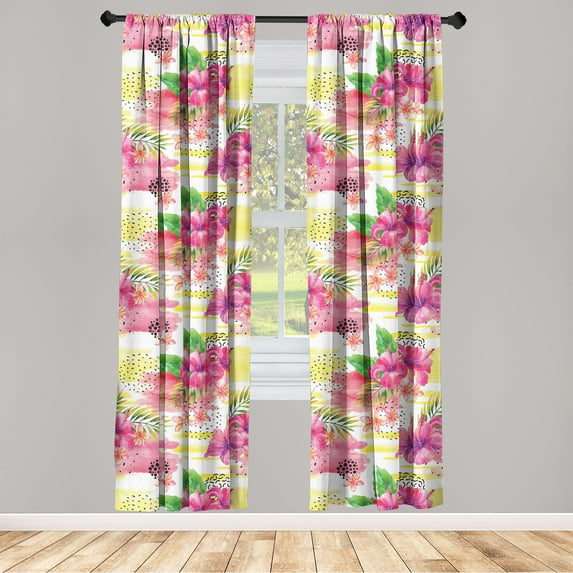 Tropical Window Curtains, Plumeria Hibiscus Flowers Leaves with Brush Strokes Art on Plain Back, Lightweight Decor 2-Panel Set with Rod Pocket, Pair of - 28"x84", Hot Pink Reseda Green, by Ambesonne