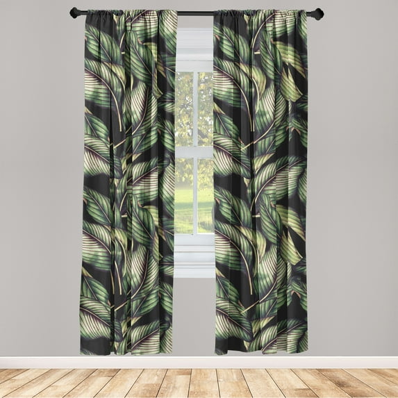Tropical Window Curtains, Repetitive Overlapped Palm Leaves Illustrations on Monochrome Back, Lightweight Decor 2-Panel Set with Rod Pocket, Pair of - 28"x63", Reseda Green Dark Purple, by Ambesonne