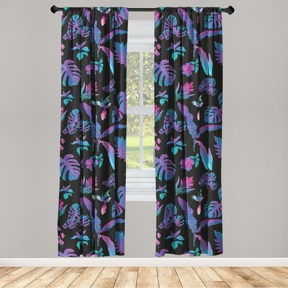 Tropical Window Curtains, Retro Wave Inspired Abstract Exotic Monstera Banana Leaf Pattern, Lightweight Decor 2-Panel Set with Rod Pocket, Pair of - 28"x63", Violet Aqua Charcoal Grey, by Ambesonne