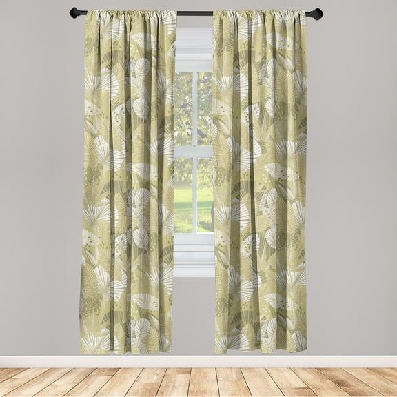 Tropical Window Curtains, Summer Vibe Minimalist Design Exotic Leaf Ornaments With Stripes Print, Lightweight Decor 2-Panel Set with Rod Pocket, Pair of - 28"x63", Pale Khaki Army Green, by Ambesonne