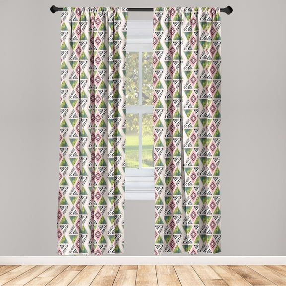 Tropical Window Curtains, Triangles of Leaves Stripes Diamond Shapes Geometric Modern Style, Lightweight Decor 2-Panel Set with Rod Pocket, Pair of - 28"x95", Pastel Pink Green and Teal, by Ambesonne