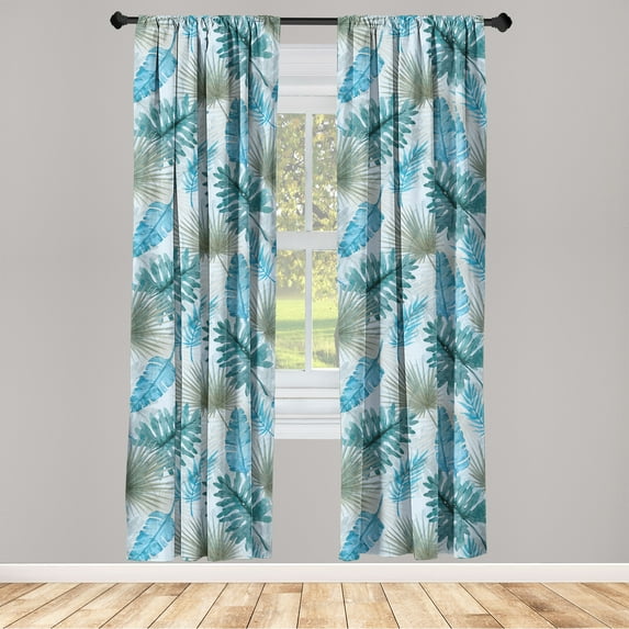 Tropical Window Curtains, Watercolor Style Repetitive Pattern of Exotic Hand-Drawn Leaves Art, Lightweight Decor 2-Panel Set with Rod Pocket, Pair of - 28"x63", Blue Grey Reseda Green, by Ambesonne