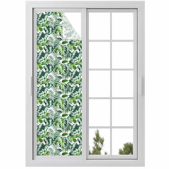 Tropical Window Privacy Film, Green Palm Leaf Summer Plant Static Cling UV Sun Blocking Heat Control Window Tint Day and Night, Non-Adhesive Reusable One Way Windows Privacy Cover 17.7''x78.7''