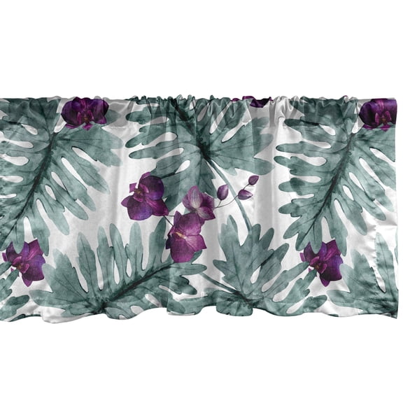 Tropical Window Valance, Exotic Leaves Orchid Flowers Watercolor Style Art on Plain Backdrop, Curtain Valance for Kitchen Bedroom with Rod Pocket, 54" X 18", Dark Cadet Blue Quartz, by Ambesonne