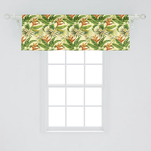 Tropical Window Valance, Exotic Plumeria Flowers and Palm Tree Leaves on Cream Background Hawaiian Flora, Curtain Valance for Kitchen Bedroom Decor with Rod Pocket, 54" X 18", Orange Green