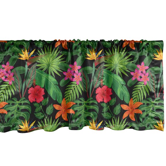 Tropical Window Valance, Repeating Colorful Summer Themed Pattern with Exotic Plants Leaves and Flowers, Curtain Valance for Kitchen Bedroom with Rod Pocket, 54" X 18", Multicolor, by Ambesonne