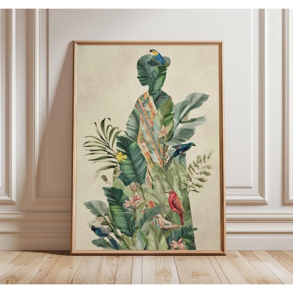 Tropical Woman Silhouette Botanical Collage Exotic Jungle Bird Illustration, Stretched Canvas 16x20in