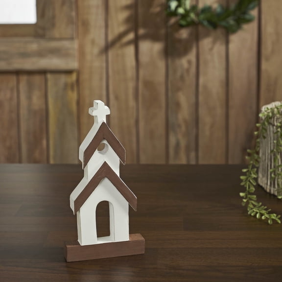 VHC Brands Brown Roof White Church Wooden Figurine 8x4x1