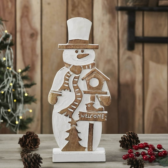 VHC Brands Snowman with Welcome Sign Carved Wooden Figurine 16x7x2.25