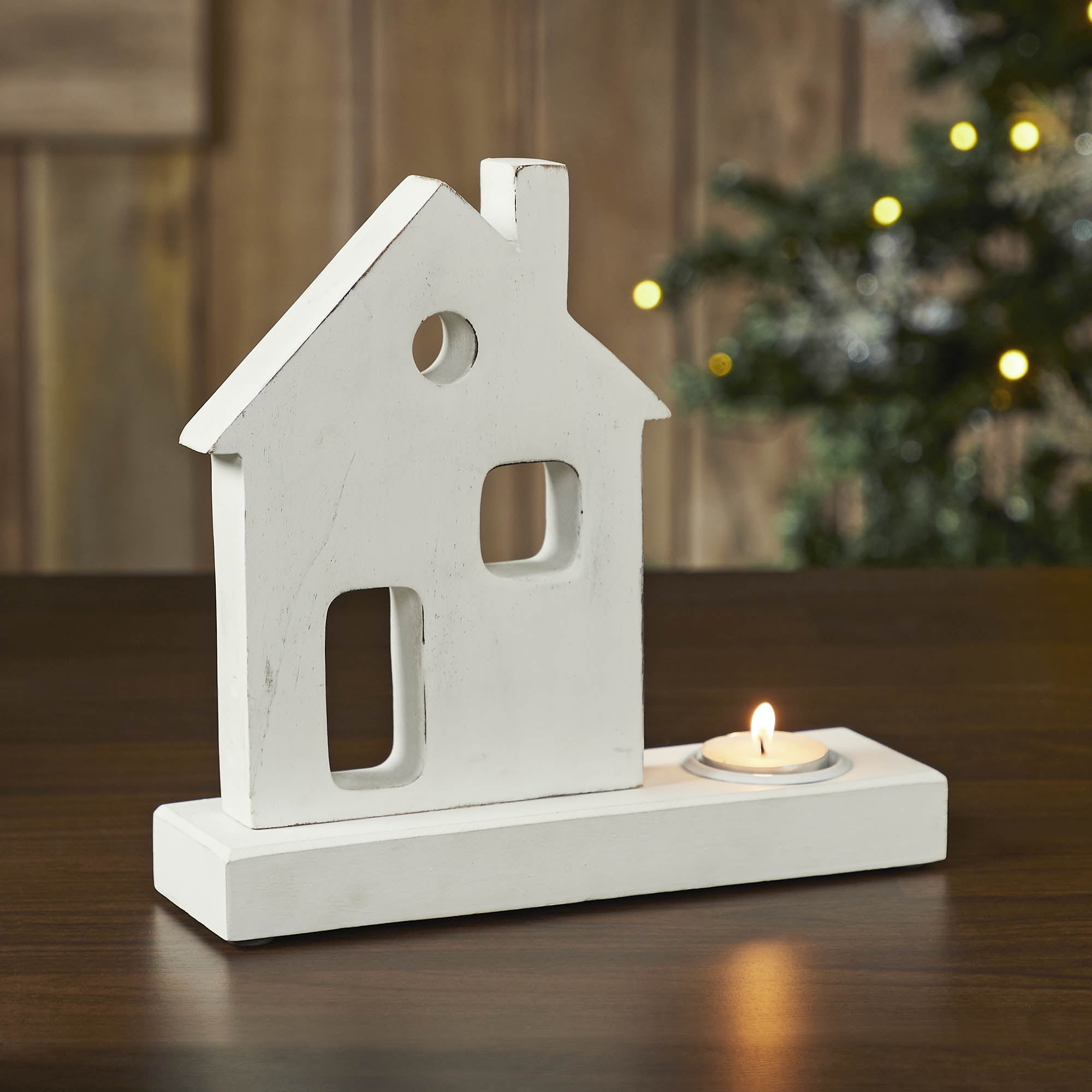Antique White Wood Village House Tealight Holder