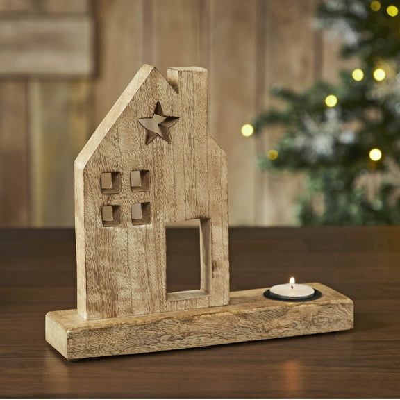 Tealight Holder Wooden Saltbox House w/Star Natural 10.25x9x2.5