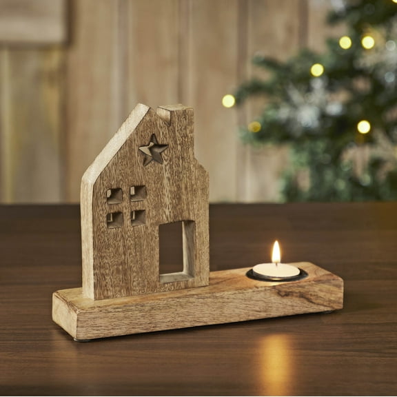 Tealight Holder Wooden Saltbox House w/Star Natural 9x6.75x2.5