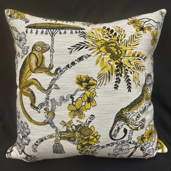 Tropical Yellow Black Monkey Leopard Landscape Woven Decorative Pillow, 17 x 18 in, Blown Filled Sewn Closed Decor for Armchair