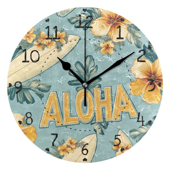 Tropical Yellow Flowers Leaves Surfboards Round Wall Clock Silent Analog Battery Operated Black Pointer Home Decor 9.84" Diameter