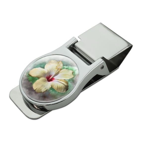 Tropical Yellow Hibiscus Flower Hawaiian Vacation Satin Chrome Plated Metal Money Clip
