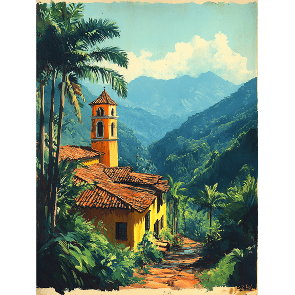 Tropical Yellow House Canvas Wall Art Print Suitable for Living Room Hotel and Restaurant Decoration.