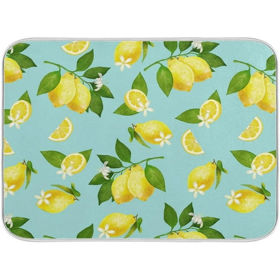 Tropical Yellow Lemon Dish Drying Mat for Kitchen Counter Decor 16 x 18 inch TurquoiseTeal Background Drying Mat with Absorbent Reversible Microfiber Heat Resistant Dish Drainer Mats