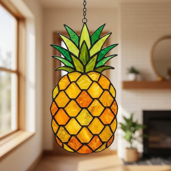 Tropical Yellow Orange Pineapple Acrylic Suncatcher Window Hanging Summer Gift for Fruit Lovers Kitchen Wall Art