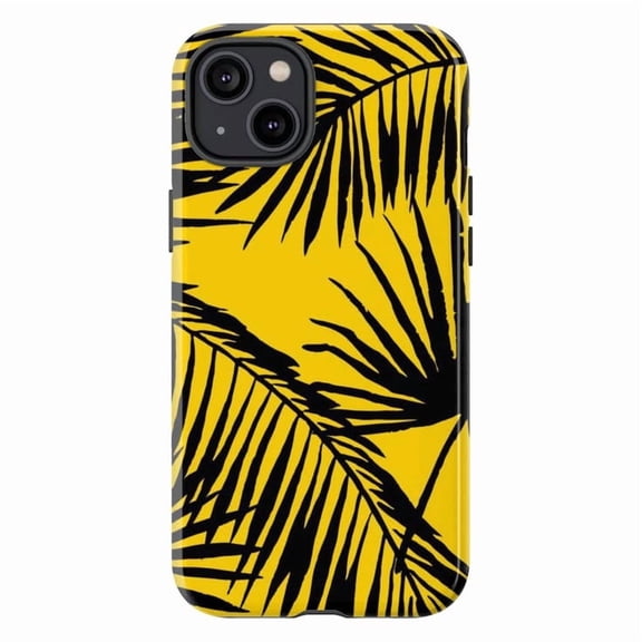 Tropical Yellow Palm Leaf Phone Case, Black Botanical Silhouette Summer Design for iPhone 17 16 15 14 13 12 11 Pro Plus Mini