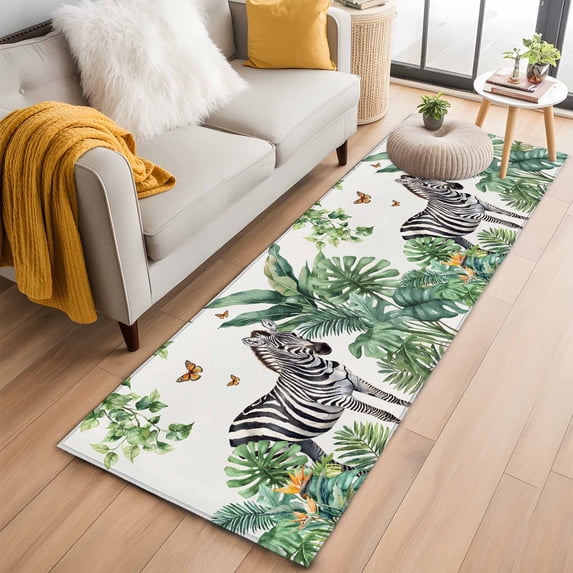 Tropical Zebra Butterfly Kitchen Runner Rug 2x6 Washable Runners for Hallway Non Slip Watercolor Summer Palm Leaf Large Area Rug Indoor Floor Carpet for Bathroom Laundry Entryway Bedroom Living Room