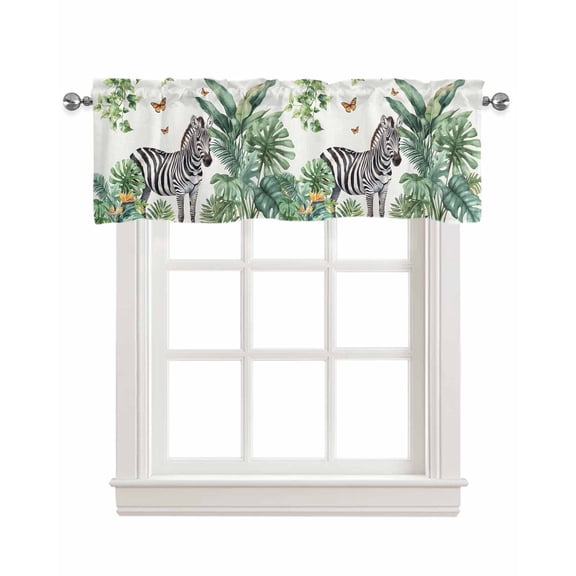 Tropical Zebra Butterfly Kitchen Valances for Windows Farmhouse Linen Window Valance Curtain for Living Room Window Treatment Watercolor Summer Palm Leaf Valance Rod Pocket Topper Drape, 42 x 12 Inch