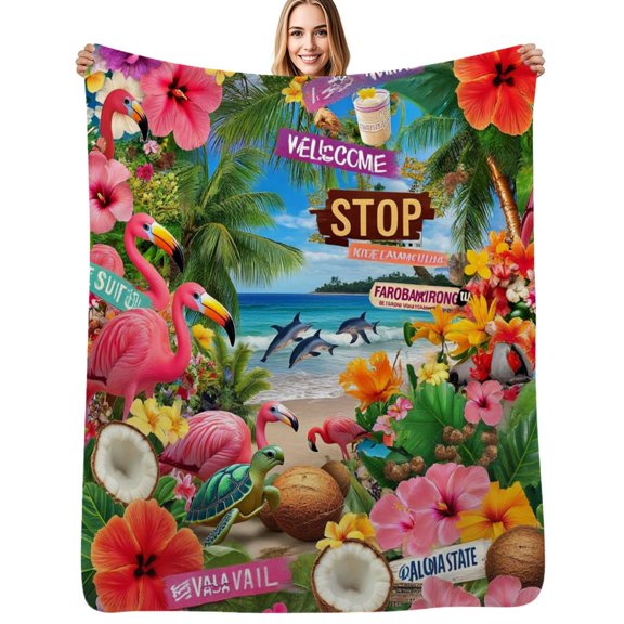 Tropical beach flamingo paradise vacation Flannel Blanket Warm Soft Bedding Throws Winter Camping Chair Sofa Bed