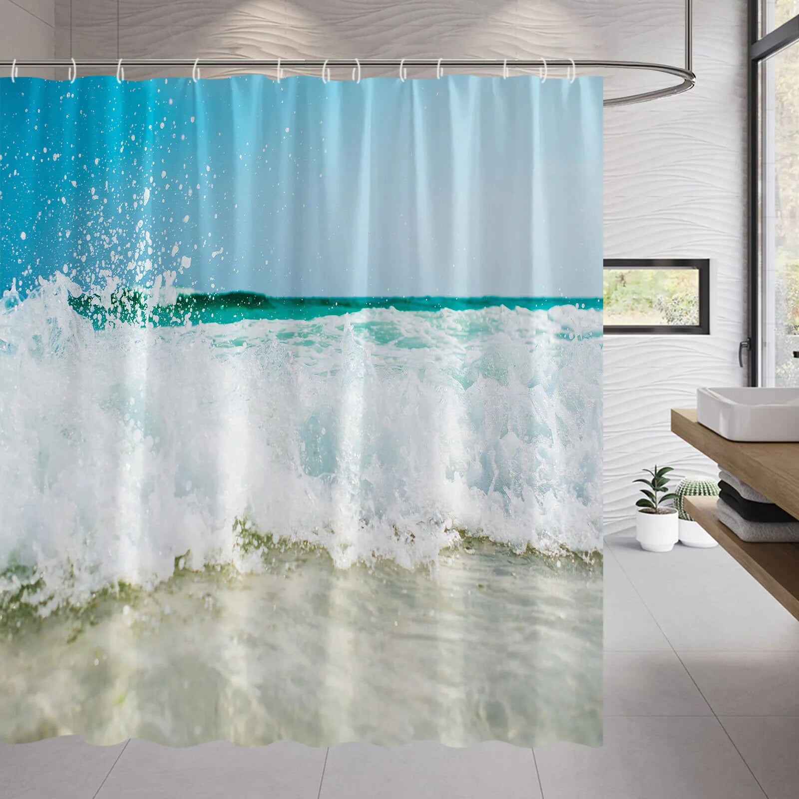 Tropical beach landscape Shower Curtains ocean sea Waves Marine life ...
