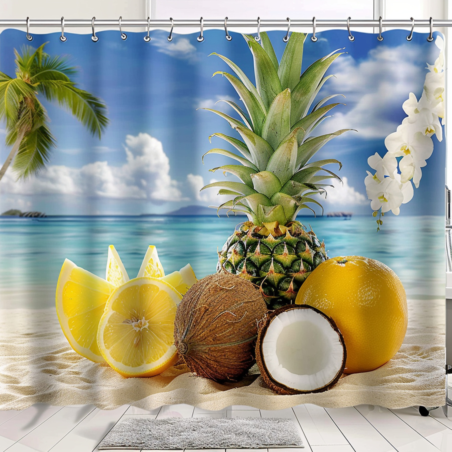 Tropical beachthemed shower curtain with coconut and pineapple bathroom