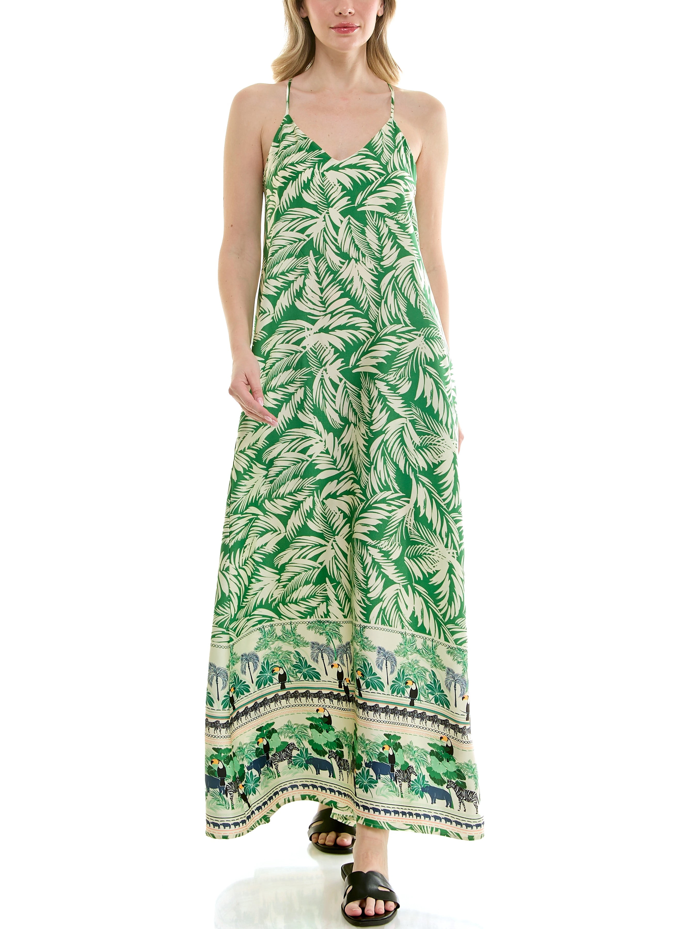 Tropical border print, full sweeping, satin maxi slip dress with built in shelf bra and pockets.,S-XL