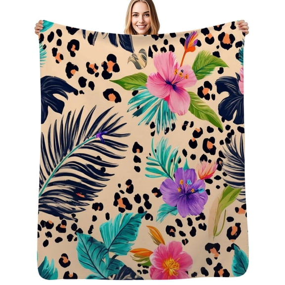 Tropical flowers leopard print Flannel Blanket Warm Soft Bedding Throws Winter Camping Chair Sofa Bed