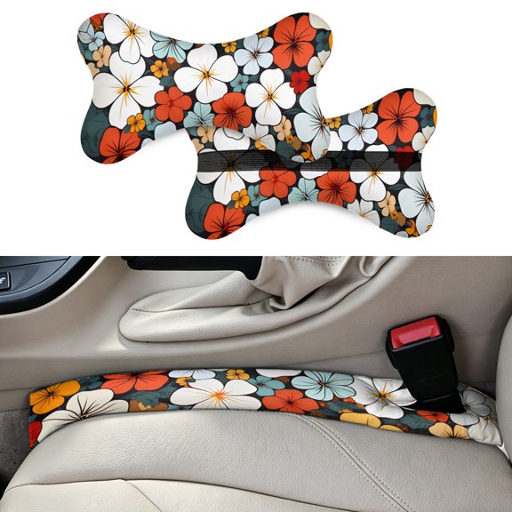 Tropical hibiscus floral Pattern 2pcs Car Headrest Car Neck Pillow + 2 pack Car Seat Gap Filler - Universal Car SUV Truck(style 3)