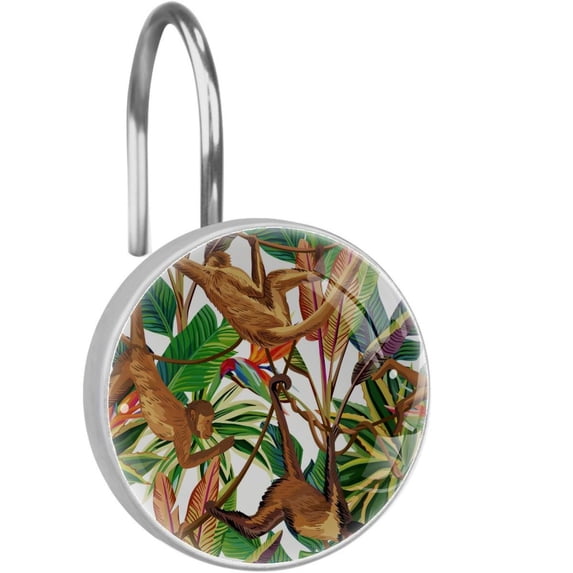 Tropical jungle Monkey Shower Curtain Hooks(Set of 12)for Home Hotel Shower Rods Bathroom Crystal Glass Print Stainless Steel Round Curtain Hooks