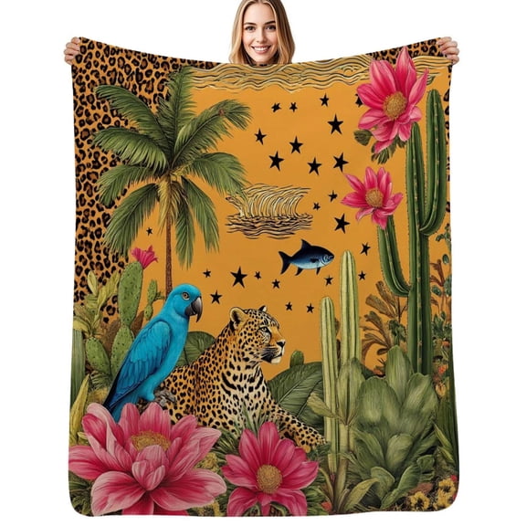 Tropical jungle leopard parrot cacti Flannel Blanket Warm Soft Bedding Throws Winter Camping Chair Sofa Bed