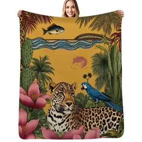 Tropical jungle leopard parrot fish Flannel Blanket Warm Soft Bedding Throws Winter Camping Chair Sofa Bed