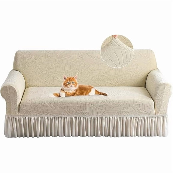 Tropical leaf pattern waterproof sofa cover, high elasticity pleated fabric, bottom non slip strap, suitable for sofas ranging from 57 inches to 73 inches, safe for Kid and pets - beige color