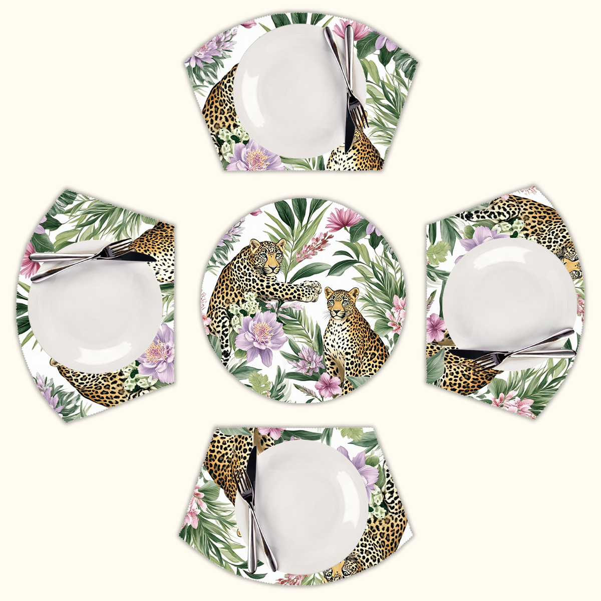 Tropical leopards floral paradise Round Table Placemats Set Of 5 Wedge ...