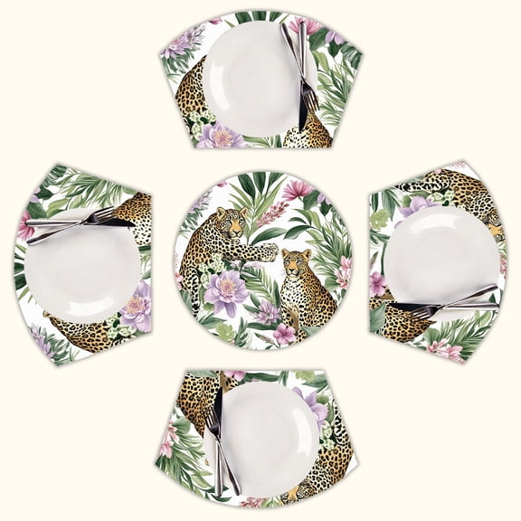 Tropical leopards floral paradise Round Table Placemats Set Of 5 Wedge Table Mats Washable Heat Resistant Place Mat For Dining Table Kitchen Farmhouse Restaurant