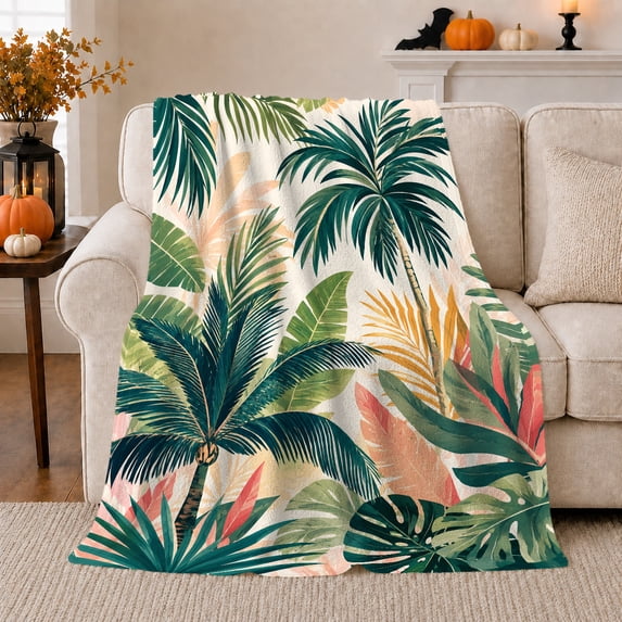 Tropical palm leaves botanical cream Flannel Blanket for bedroom sunroom living room reading nook Home Decor coastal greenery palm garden art Gift for plant lovers