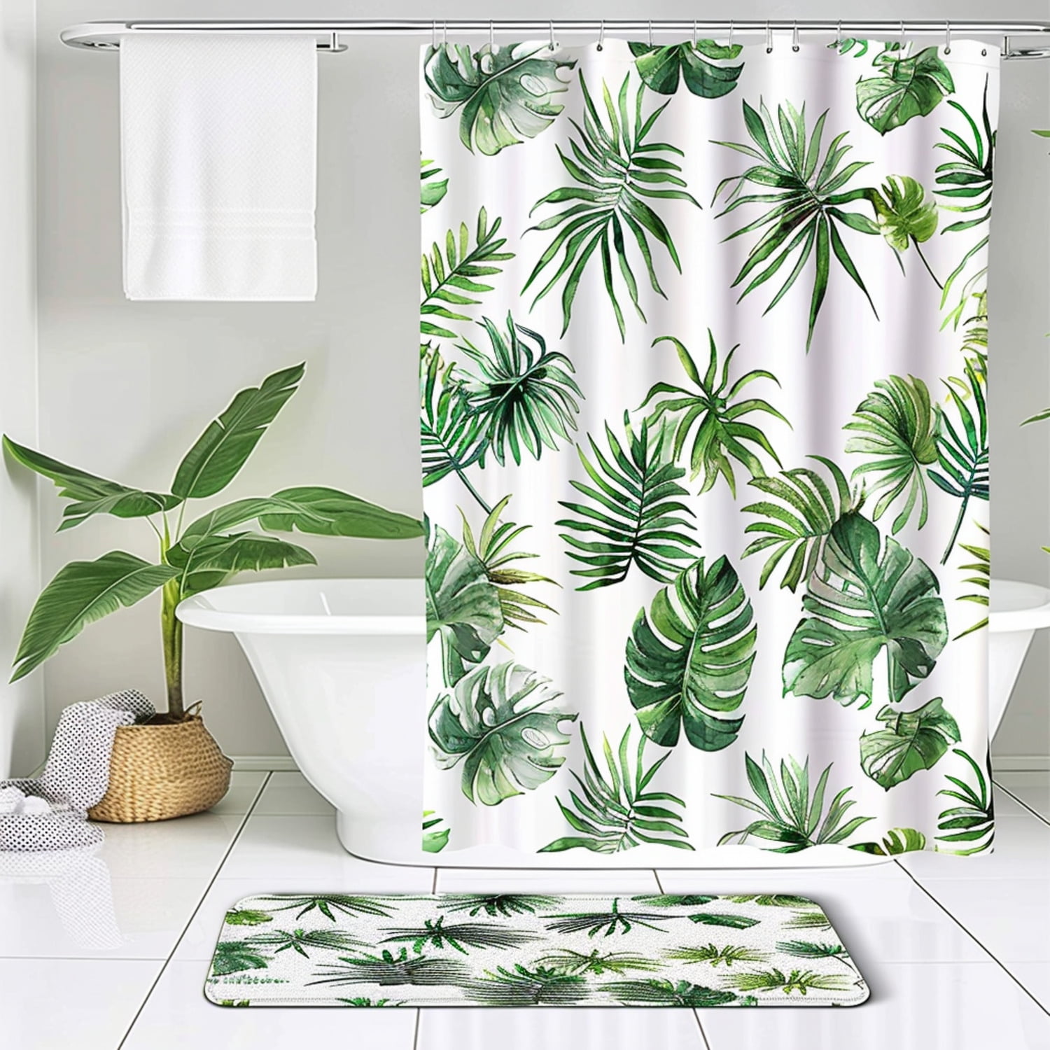 Tropical palm tree bathroom set with white background green plant design Perfect for a nature