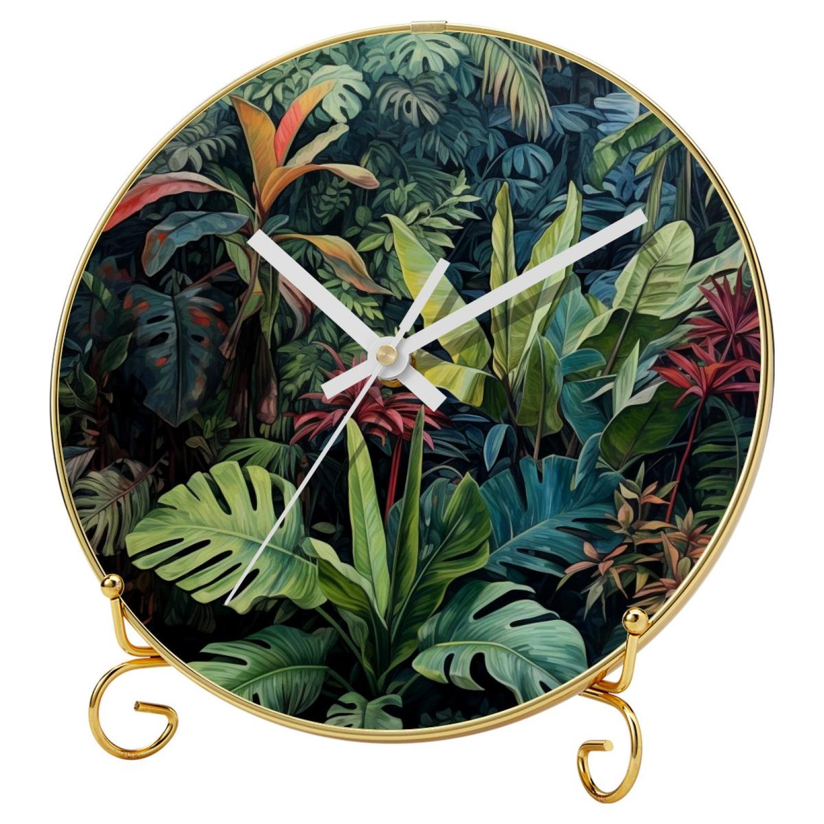 Tropical plants Round Wall Clocks with Hooks and Gold Stand, Silent Non