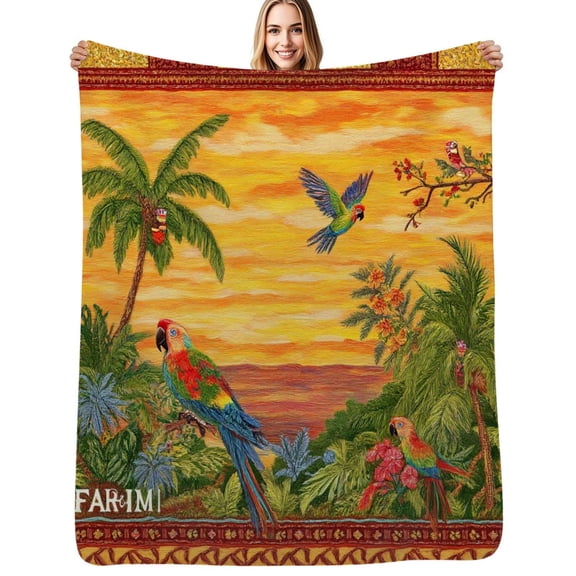 Tropical sunset parrots paradise birds Flannel Blankets Soft Throw Blanket Winter Travel Office Outdoor Bedspread