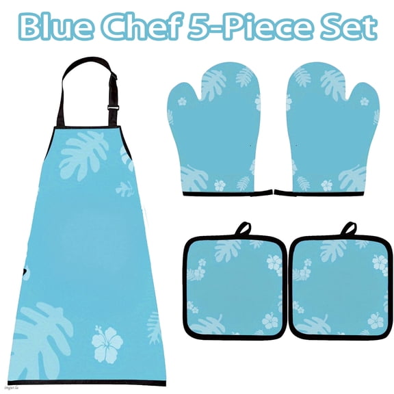 Tropical-themed kitchen essentials set: Adjustable apron + Heat-resistant oven mitts + Pot holder (Light blue leaves and hibiscus pattern) Ideal for home cooks