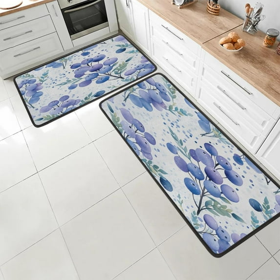 TropicalLife Watercolor Blueberry Kitchen Mat Set of 2 Non-Slip Washable Kitchen Rugs Waterproof Comfort Standing Floor Mats for Kitchen Home Office Sink Laundry 17x29 Inch + 17x47 Inch