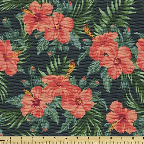 Tropicana Fabric by the Yard, Exotic Hibiscus Flowers with Tropic Leaves Hawaiian Luau Party Inspired Pattern, Decorative Upholstery Fabric for Chairs & Home Accents, Multicolor by Ambesonne