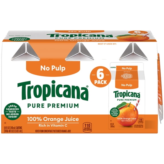 Tropicana Pure Premium 100% Orange Juice Original No Pulp, 8 Fl Oz Carton, 6-Pack