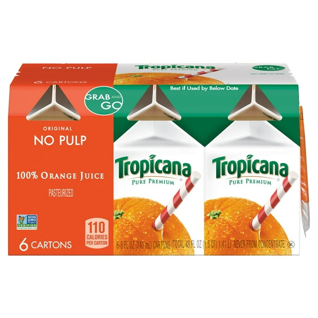 Tropicana Pure Premium, No Pulp 100% Orange Juice, 8 oz, 6 Pack