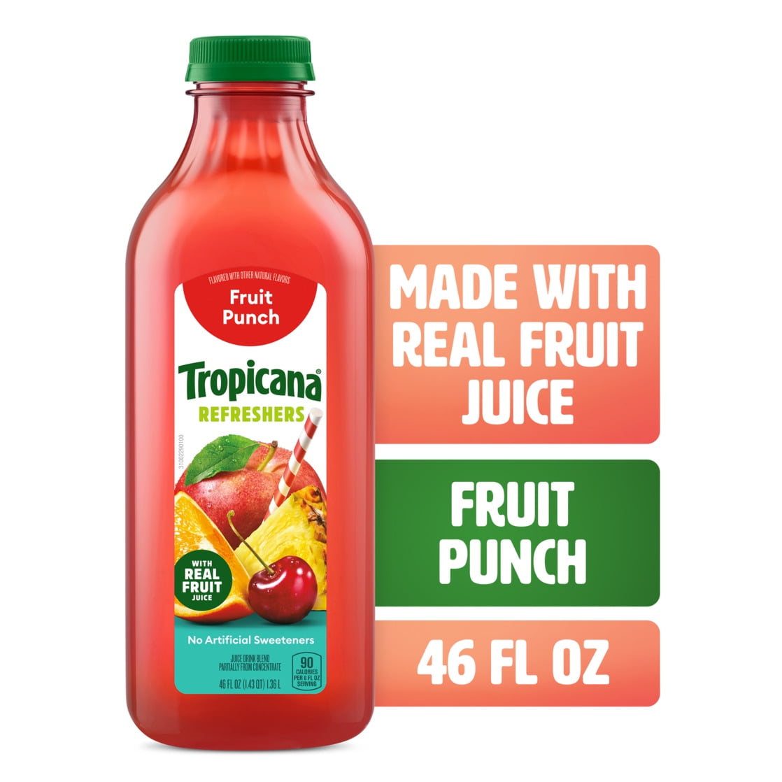Tropicana Refreshers Fruit Punch Juice Drink, with Real Fruit Juice, 46 fl oz Bottle